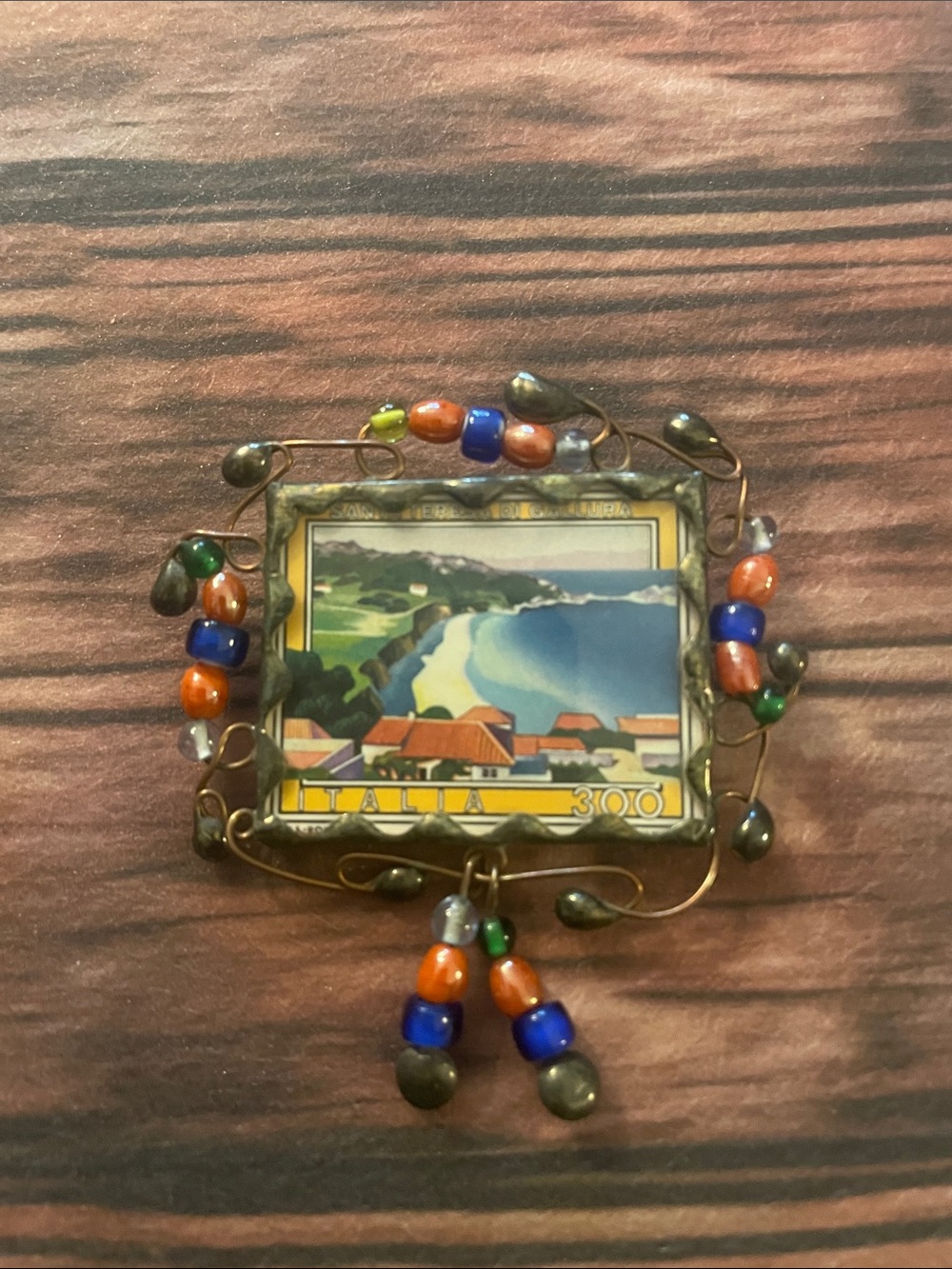 Vintage Italia Coastal Scene Brooch with Beaded Accents